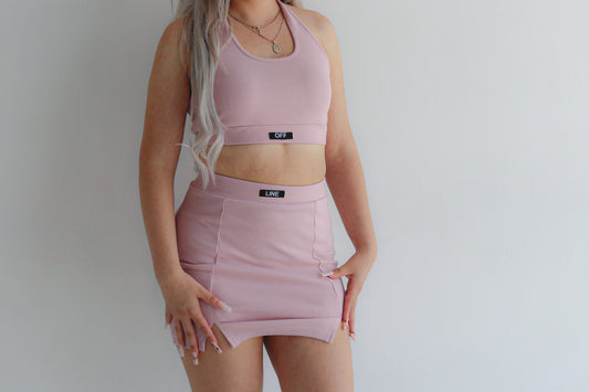 pink halter top and skirt matching set