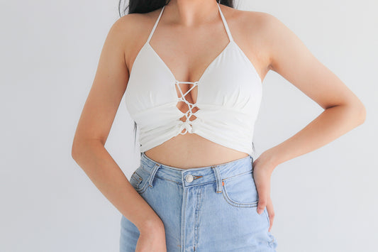 white lace up halter top